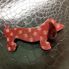 A Red Glitter Silver Spotted Fantasy Dachshund Brooch signed Lea Stein Paris
