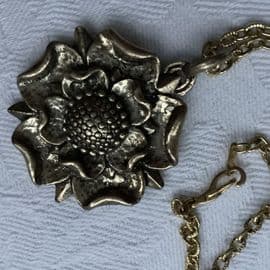 A Vintage Miracle Tudor Rose Pendant - 1970Pale Gold Colour Tudor Rose Necklace by Miracle