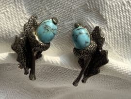 Acorn Clip-on Earrings with Faux Turquoise Art Glass Gem