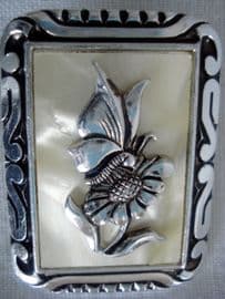 Aluminium Scarf Clip 1950's with Pearly Lucite Panel and Butterfly on Flower Design (SOLD)