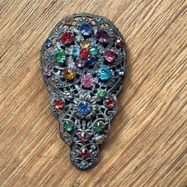 Antique Bohemian Filigree Dress Clip with Flower Detail and Coloured Jewels