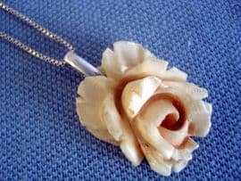 Antique Carved Bone Rose Pendant (Large Size) on New Silver Chain (SOLD)