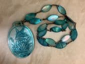 Antique Edwardian 1920s Necklace -Mother of Pearl Oriental Carved Necklace Bird & Butterfly