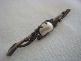 Antique Scandinavian Silver Bar Brooch with Blister Pearl and Marcasite Decoration
