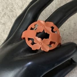 Art Deco 1920s to 1930s Coral Colour Scarf Ring - Celluloid with carved decoration