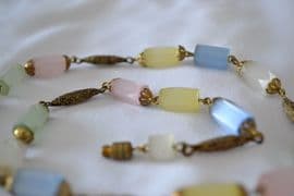 Art Deco Russian Cane Glass Bead Necklace with Decorative Gilt Metal Spacers