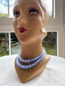 Blue Russian Cane Glass Bead Necklace - Double Row  Circa 1950s