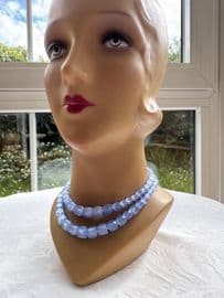 Blue Russian Cane Glass Bead Necklace - Double Row Circa 1950s