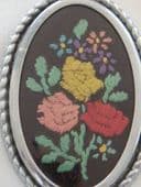 Bold Embroidered Brooch - Mixed Flowers on Black Background - 1940s and 1950s Vintage Brooch