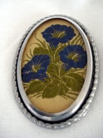 Chrome Framed Brooch with Cigarette Silk Embroidery circa 1930s - 1940s (SOLD)