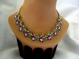 Cold Enamel Violets Necklace from Exquisite - Birthday Necklace for March - 1960's(SOLD)