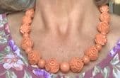 Coral Coloured 1930s to 1940s  Art Deco Bead Necklace - Hand Carved Early Plastic