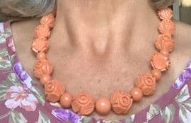 Coral Coloured 1930s to 1940s Art Deco Bead Necklace - Hand Carved Early Plastic