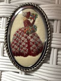 Crinoline Lady Pin - 1940s - 1950s Embroidered Brooch