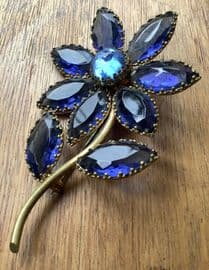 Deep Blue Jewelled Flower Costume Brooch circa 1940s