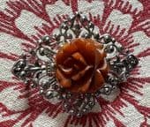 Deep Carved Bakelite Rose Brooch on Chromed Filigree Panel1930 to 1940