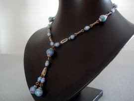 Edwardian to 1920's Venetian Bead Necklace - Blue Satin Glass with Pink Roses (SOLD)