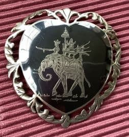 Elephant - 1950s Silver Brooch - Sterling Silver Niello work from Siam - Elephant Pin