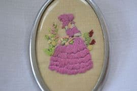 Embroidered Crinoline Lady in Garden Brooch - 1940s - 1950s hand-made (Sold)