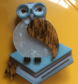 Erstwilder Studious Snow Owl Brooch in Blue - Wise Owl on Books Pin (SOLD)