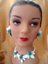 Exotic Green and White Vintage Necklet and Earrings - 1950s - 1960s (Sold)