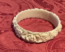 Faux Ivory Celluloid Bangle with open Roses and Daisies 1940s - 1950s