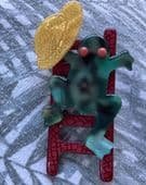 Frog On Ladder Brooch Signed Lea Stein, Paris - Fantasy Frog Waves His Yellow Hat