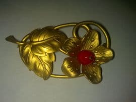 Gilt Flower Brooch with Red Glass Bead Detail 1940s (SOLD)