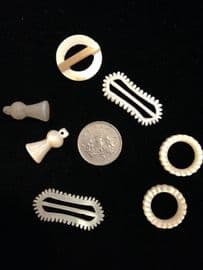 Group of seven buttons, buckles and sew on items in Mother of Pearl Shell Circ 1890 - 1910 (SOLD)
