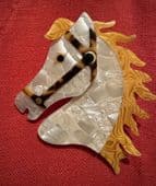 Horse Head Brooch - Cream Horse with Golden Mane -  Lea Stein Horse Pin - Equestrian Jewellery
