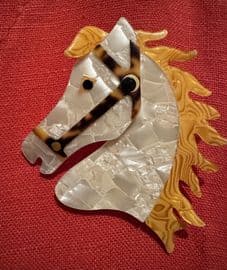 Horse Head Brooch - Cream Horse with Golden Mane - Lea Stein Horse Pin - Equestrian Jewellery