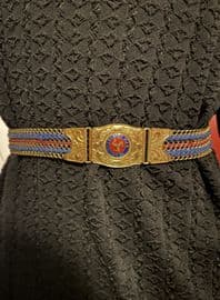 Isle of Man Enamel Buckle on Brass Corded Stretch Belt 1950s Martins of Birmingham