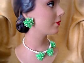 Late 1950's - Early 1960's Green Floral and White Bead Set. (Sold)