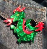 Lea Stein - Fire Breathing Dragon Brooch (SOLD) -Green Mystical Dragon Pin