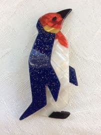 LEA STEIN King Penguin Brooch - Red & Yellow face Sparkle blue wings and tail (SOLD)