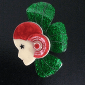 Lea Stein of Paris Art Deco Lady Brooch - Corolle Pin - Green Sparkle and Red (SOLD)