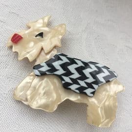 Lea Stein Terrier Dog Brooch - Cream Dog with Jacket (SOLD)