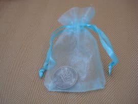 Lucky 'Silver' Sixpence in AQUA BLUE Organza Bag