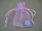 Lucky 'Silver' Sixpence in PINK Organza Bag