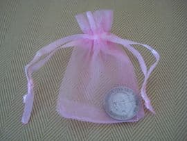 Lucky 'Silver' Sixpence in PINK Organza Bag