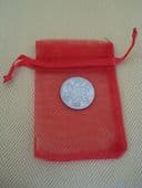 Lucky 'Silver' Sixpence in SCARLET RED Organza Bag