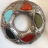 Miracle Brooch in Tudor Style. A Vintage pin set with orange, blue and green jewels. (SOLD)