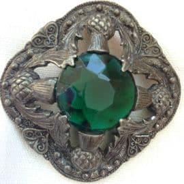 Miracle Creations Scottish Brooch - Vintage -  Green Central Jewel Thistle Detail
