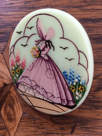 On hold 1940's  Crinoline Lady  Brooch   Hand painted Lucite Brooch