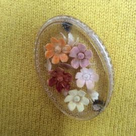 On hold 1940s Vintage Floral Brooch - Reverse Carved Lucite Unusual 'circle and dot' border