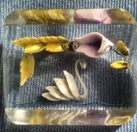 On hold 40s/1950's Era White Swan Brooch  Chunky reverse-carved Lucite Brooch with Swan and Flower
