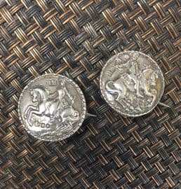 ON HOLD Victorian Sterling Silver Cloak Brooches   Silver Equestrian Horse and Rider Brooch Pair