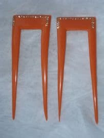 Pair of Coral Celluloid Art Deco Haircombs set with Diamante  (SOLD)