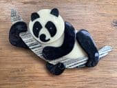 Panda  Bear Brooch By Lea Stein of Paris - Panda on Natural Bamboo branch