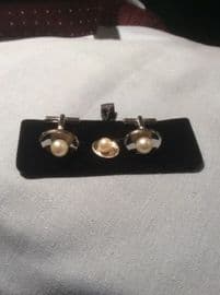 Pearl topped White Metal Oval Cufflinks and Tie Pin Set - Vintage circa 1960's to 1970's (SOLD)
